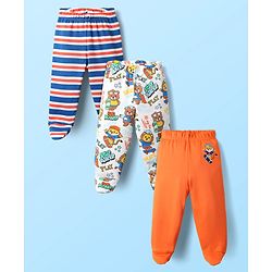 Babyhug Cotton Knit Striped & Animal Printed Bootie Leggings Pack of 3 - Orange White & Navy Blue