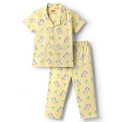 Babyhug Cotton Knit Half Sleeves Front Open Co-ords Night Suit with Zebra Print - Yellow