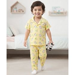 Babyhug Cotton Knit Half Sleeves Front Open Co-ords Night Suit with Zebra Print - Yellow