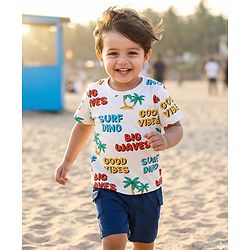 Babyhug Terry Knit Half Sleeves Beach Theme Printed T-Shirt & Shorts Set - White & Navy Blue