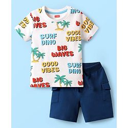 Babyhug Terry Knit Half Sleeves Beach Theme Printed T-Shirt & Shorts Set - White & Navy Blue