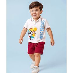 Babyhug 100% Cotton Half Sleeves Soccer Theme Printed T-Shirt With Collar & Shorts Set - Red & White