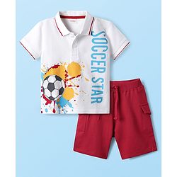 Babyhug 100% Cotton Half Sleeves Soccer Theme Printed T-Shirt With Collar & Shorts Set - Red & White