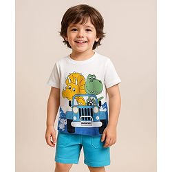 Babyhug Single Jersey Knit Half Sleeves T-Shirt & Shorts Set With Animal Print - White & Light Blue