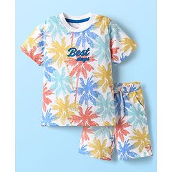 Babyhug Single Jersey Knit Half Sleeves T-shirt & Short Set With Tropical Theme Print - White