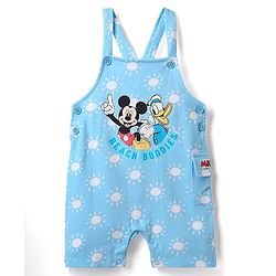 Babyhug Disney Single Jersey Knit Half Sleeves T-Shirt & Dungaree Set With Mickey Mouse Graphics And Pocket Detailing - Light Blue & Red