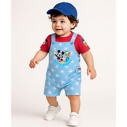 Babyhug Disney Single Jersey Knit Half Sleeves T-Shirt & Dungaree Set With Mickey Mouse Graphics And Pocket Detailing - Light Blue & Red