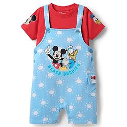 Babyhug Disney Single Jersey Knit Half Sleeves T-Shirt & Dungaree Set With Mickey Mouse Graphics And Pocket Detailing - Light Blue & Red