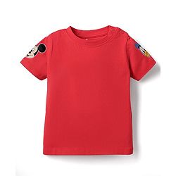 Babyhug Disney Single Jersey Knit Half Sleeves T-Shirt & Dungaree Set With Mickey Mouse Graphics And Pocket Detailing - Light Blue & Red