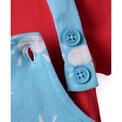 Babyhug Disney Single Jersey Knit Half Sleeves T-Shirt & Dungaree Set With Mickey Mouse Graphics And Pocket Detailing - Light Blue & Red