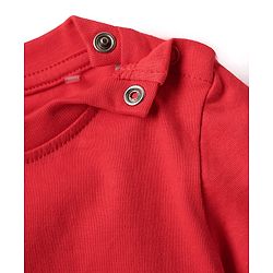 Babyhug Disney Single Jersey Knit Half Sleeves T-Shirt & Dungaree Set With Mickey Mouse Graphics And Pocket Detailing - Light Blue & Red