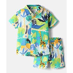 Babyhug Single Jersey Knit Half Sleeves Shirt & Shorts Co-Ord Set With Animal Print - Multicolor