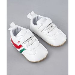 Cute Walk by Babyhug Booties with Velcro Closure & Tape Detailing - White Red & Green