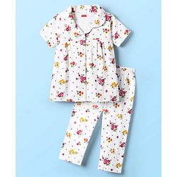 Babyhug Cotton Knit Front Open Half Sleeves Co-ord Night Suit With Floral Print - White