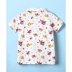 Babyhug Cotton Knit Front Open Half Sleeves Co-ord Night Suit With Floral Print - White