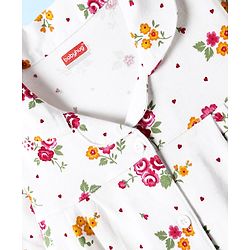 Babyhug Cotton Knit Front Open Half Sleeves Co-ord Night Suit With Floral Print - White