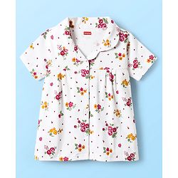 Babyhug Cotton Knit Front Open Half Sleeves Co-ord Night Suit With Floral Print - White