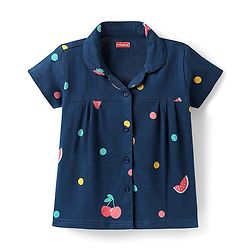 Babyhug Cotton Knit Half Sleeves Front Open Co-ords Night Suit With Tropical Theme Print - Navy Blue