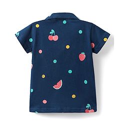 Babyhug Cotton Knit Half Sleeves Front Open Co-ords Night Suit With Tropical Theme Print - Navy Blue