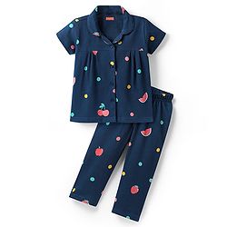 Babyhug Cotton Knit Half Sleeves Front Open Co-ords Night Suit With Tropical Theme Print - Navy Blue