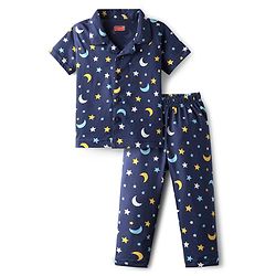 Babyhug Cotton Knit Half Sleeves Co-ords Front Open Night Suit With Star Print - Navy Blue