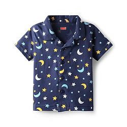 Babyhug Cotton Knit Half Sleeves Co-ords Front Open Night Suit With Star Print - Navy Blue
