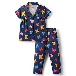 Babyhug Cotton Knit Half Sleeves Front Open Co-Ord Night Suit with Butterfly Print - Navy Blue