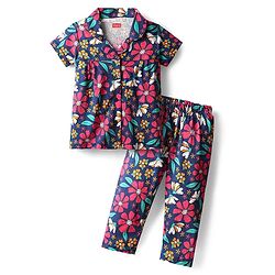 Babyhug Cotton Knit Half Sleeves Front Open Co-Ord Night Suit With Floral Print - Navy Blue