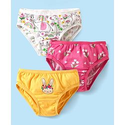 Babyhug 100% Cotton Panties With Floral & Animal Print Pack Of 3 - Dark Pink Yellow & White