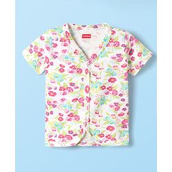 Babyhug Single Jersey Knit Half Sleeves Co-ords Top & Bottom Set With Floral Print - White