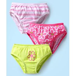 Babyhug 100% Cotton Single Jersey Knit Panties With Stripes & Floral Print Pack Of 3 - Lime & Pink