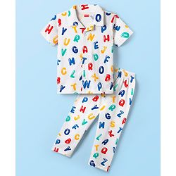Babyhug Cotton Knit Half Sleeves Co-ords Front Open Night Suit With Alphabet Print - White