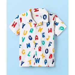 Babyhug Cotton Knit Half Sleeves Co-ords Front Open Night Suit With Alphabet Print - White