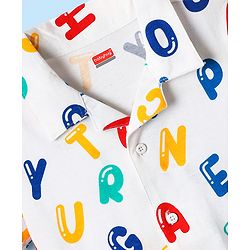 Babyhug Cotton Knit Half Sleeves Co-ords Front Open Night Suit With Alphabet Print - White