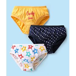 Babyhug 100% Cotton Single Jersey Knit Panties With Polka Dots & Star Print Pack Of 3 - Navy Blue Yellow & White