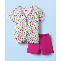 Babyhug Single Jersey Knit Half Sleeves Top & Bottom Set With Floral Print - White & Pink