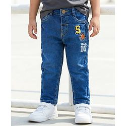 Babyhug Denim Full Length Washed Jeans With Stretch & Text Embroidery - Blue