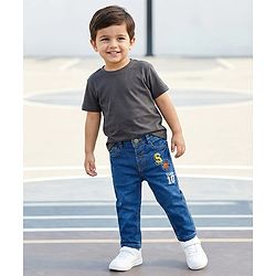 Babyhug Denim Full Length Washed Jeans With Stretch & Text Embroidery - Blue
