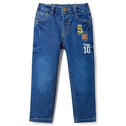 Babyhug Denim Full Length Washed Jeans With Stretch & Text Embroidery - Blue