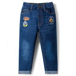 Babyhug Full Length Denim Jeans With Stretch & Text Embroidery - Blue