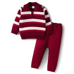 Babyhug Knitted Full Sleeves Striped Sweater Set - Maroon & White