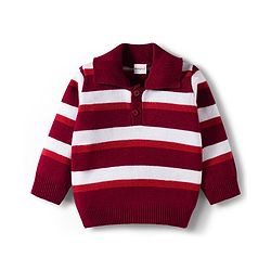 Babyhug Knitted Full Sleeves Striped Sweater Set - Maroon & White