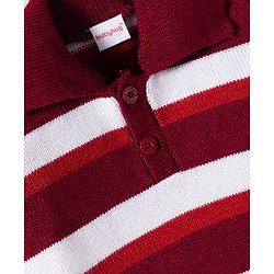 Babyhug Knitted Full Sleeves Striped Sweater Set - Maroon & White
