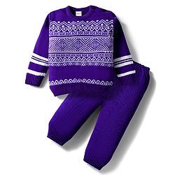 Babyhug Knit Full Sleeves Sweater Set with Fair Isle Design - Purple