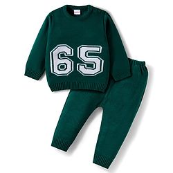 Babyhug Knitted Full Sleeves Sweater Set With Number Design - Dark Green