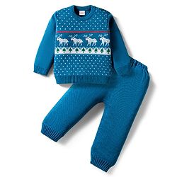 Babyhug Knit Full Sleeves Sweater Set with Christmas Fair Isle Design - Teal Blue
