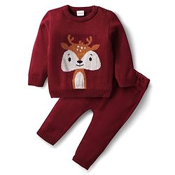 Babyhug Knitted Full Sleeves Sweater Set with Deer Design - Maroon