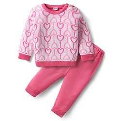 Babyhug Knitted Full Sleeves Sweater Set with Hearts Design - Dark Pink