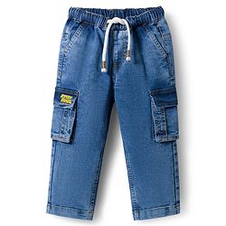 Babyhug Full Length Denim Jeans With Stretch & Text Embroidery - Blue