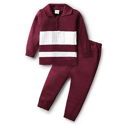 Babyhug Knitted Full Sleeves Sweater Set With Color Block Design - Maroon & White
